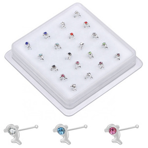 20PCS Dolphin Nose Studs Multicolor Stone Ball End Silver Nose Bone Pin Nostril Nose Piercing Boxed Jewelry Wholesale 22G