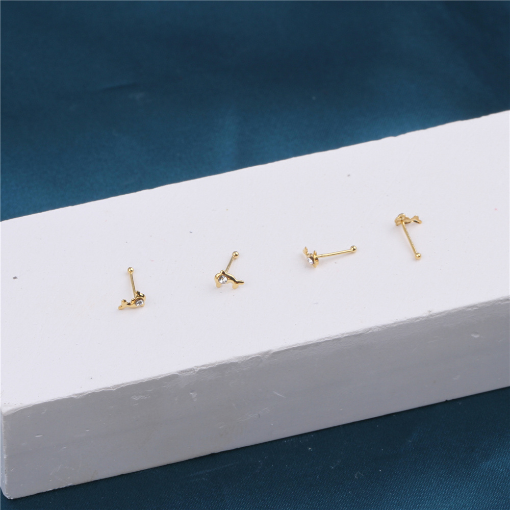 20PCS Dolphin Nose Studs Stone Ball End Gold Color Nose Bone Cute Sea Animals Nose Piercing Boxed Jewelry Wholesale 22G