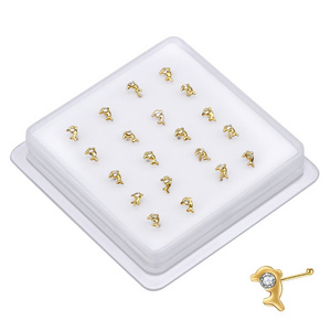 20PCS Dolphin Nose Studs Stone Ball End Gold Color Nose Bone Cute Sea Animals Nose Piercing Boxed Jewelry Wholesale 22G