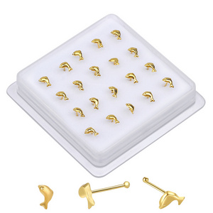 20 PCS Tiny Dolphin Nose Studs Bendable Soft Ball End Nose Bone Pin Nostril Nose Piercing Boxed Jewelry Wholesale 22G