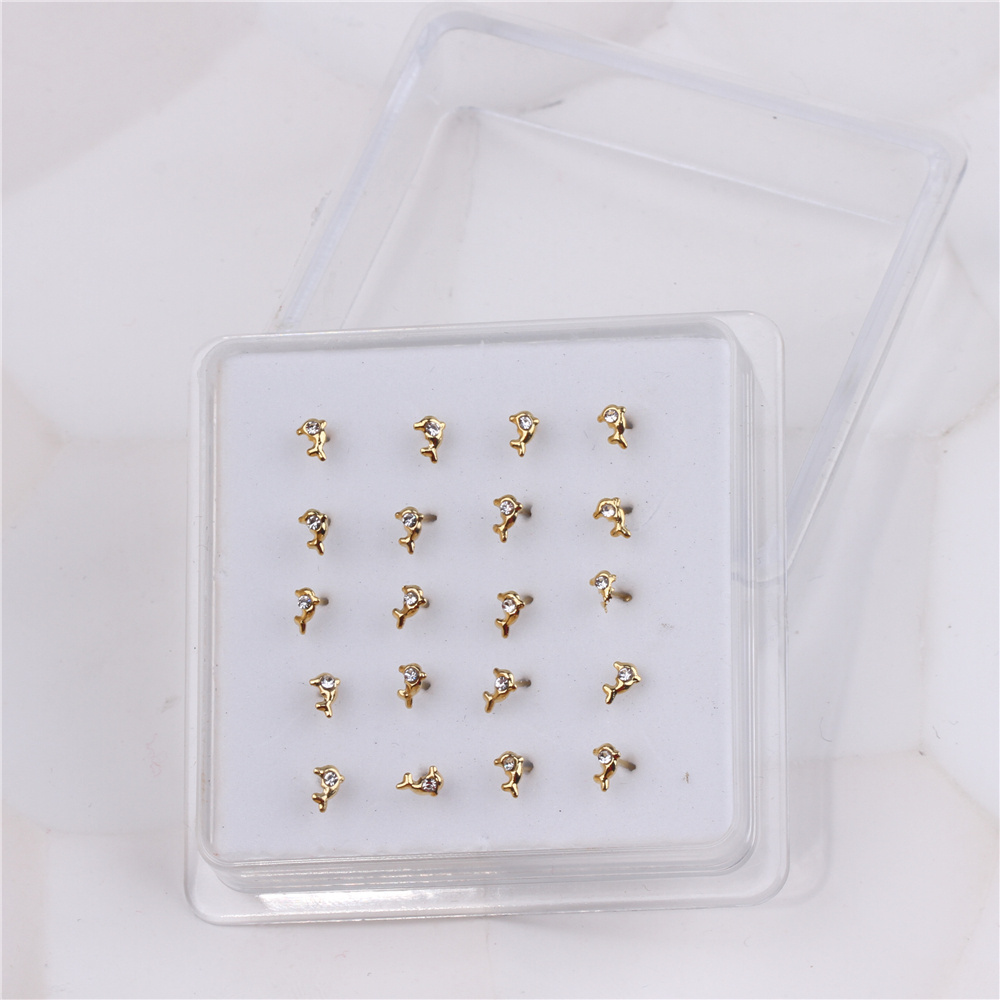 20PCS Dolphin Nose Studs Stone Ball End Gold Color Nose Bone Cute Sea Animals Nose Piercing Boxed Jewelry Wholesale 22G