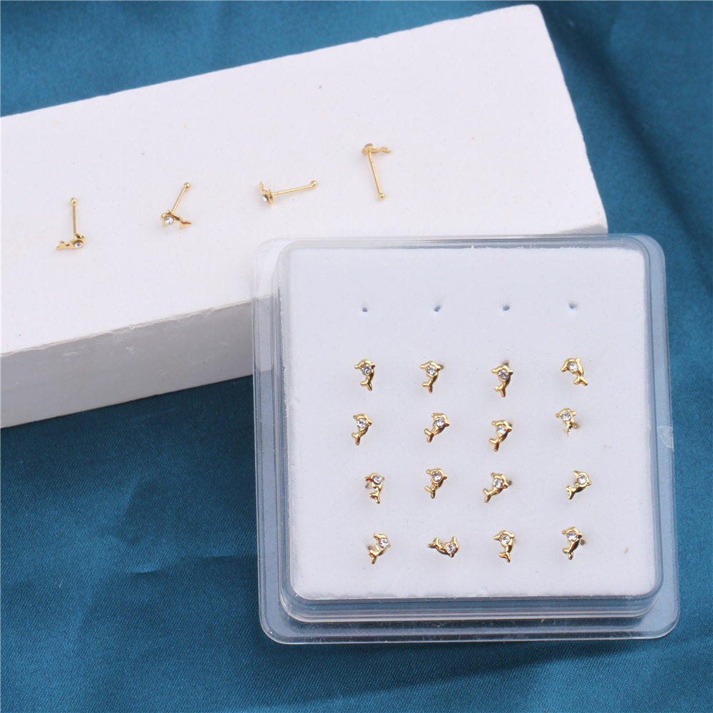 20PCS Dolphin Nose Studs Stone Ball End Gold Color Nose Bone Cute Sea Animals Nose Piercing Boxed Jewelry Wholesale 22G