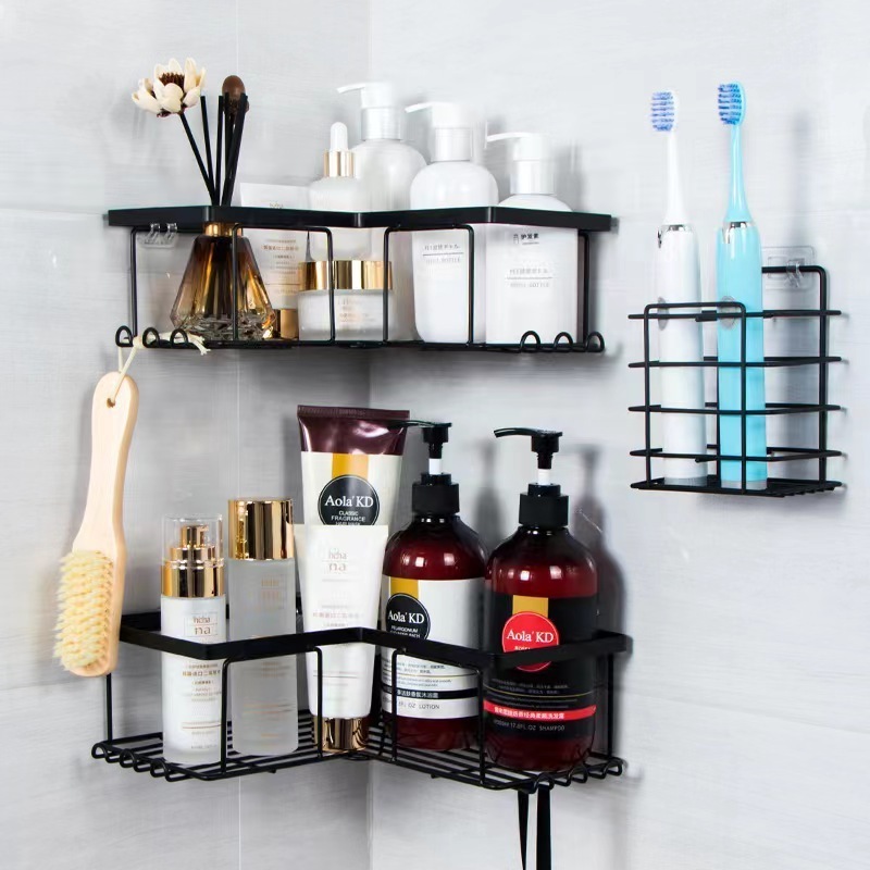 Bathroom Corner Shelf Without Drilling Iron Shower Shelves Shampoo Storage Rack Cosmetic Holder Wall Mounted Bathroom Organizer