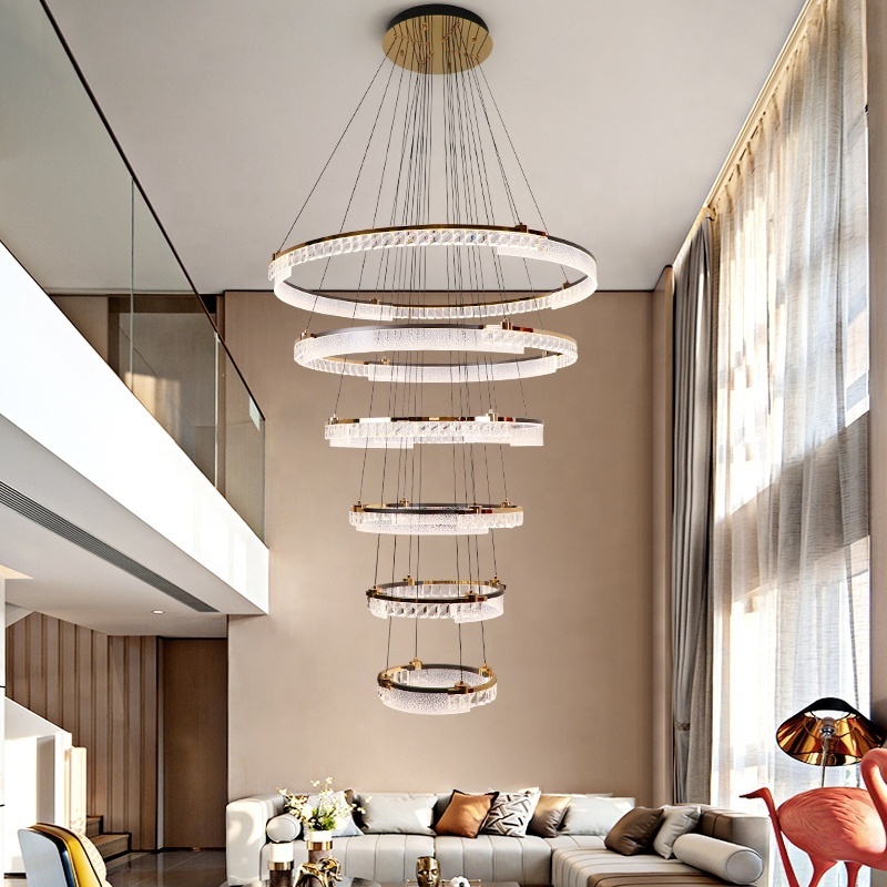 Modern European K9 Crystal Indoor Light Hotels Remote Ring Home Stairs Pendant Lights And Chandeliers For High Ceilings