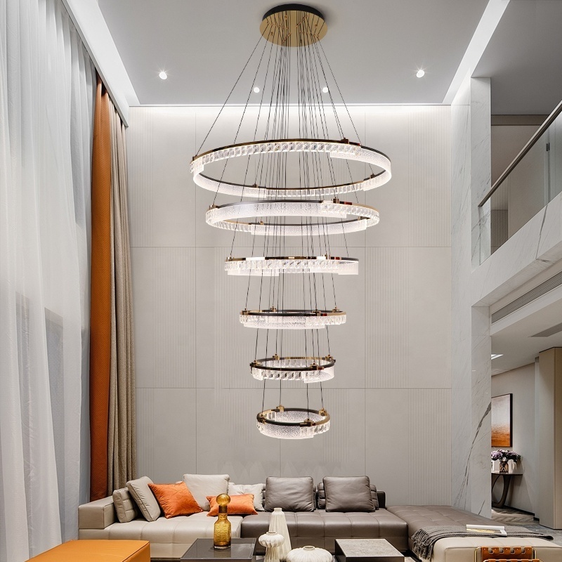 Modern European K9 Crystal Indoor Light Hotels Remote Ring Home Stairs Pendant Lights And Chandeliers For High Ceilings