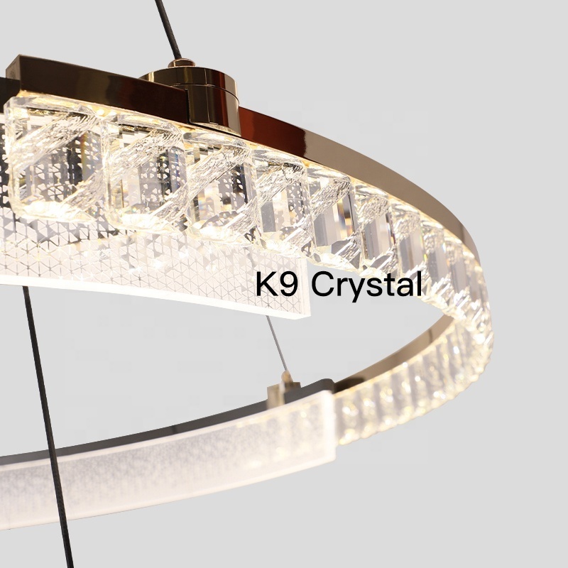 Modern European K9 Crystal Indoor Light Hotels Remote Ring Home Stairs Pendant Lights And Chandeliers For High Ceilings