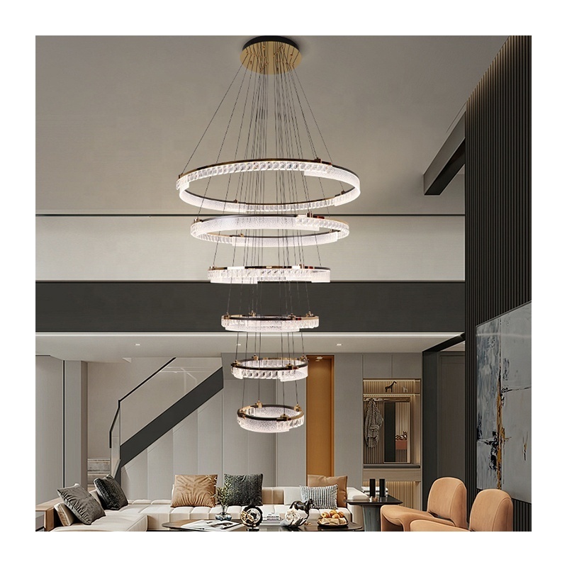 Modern European K9 Crystal Indoor Light Hotels Remote Ring Home Stairs Pendant Lights And Chandeliers For High Ceilings