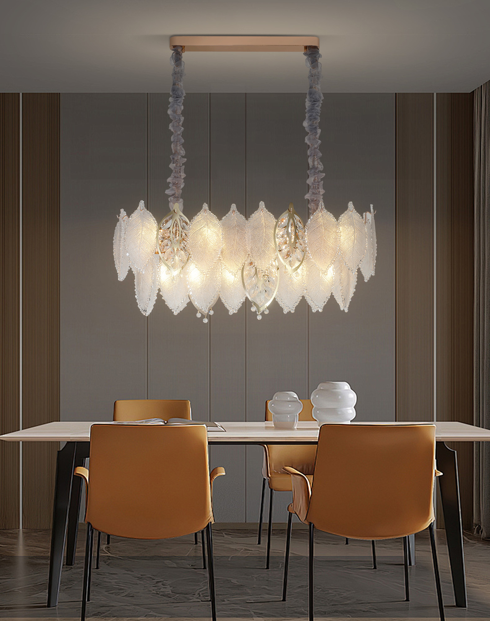 Fanxi 2024 Clear Crystal Glass Leaves Oval Chandelier Restaurant Kitchen Island Dinning Room Living Room Bedroom Pendant Light