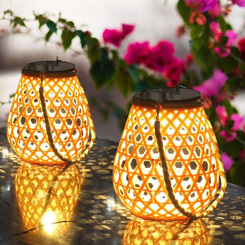 Outdoor Lights Solar Garden Hanging Lantern Portable Lights Decorative Garden Bamboo Woven exterior Lawn Light