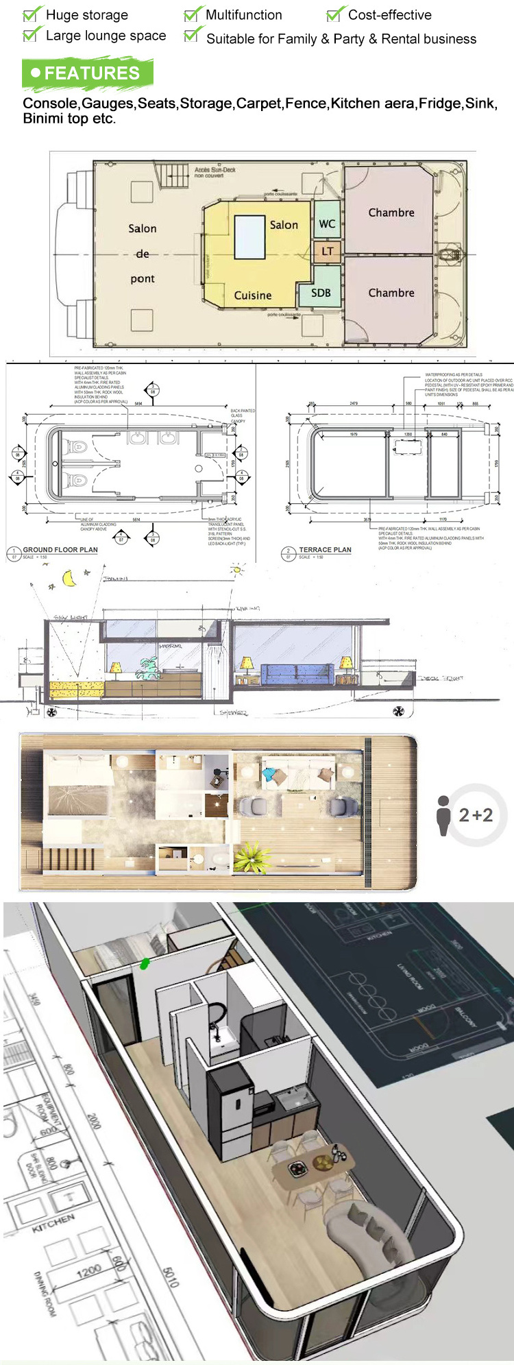 OEM/ODM 11m /36ft Prefab Water Solar House Boat Manufacturers Pontoon Villa Aluminum Luxury Floating Kit For Sale