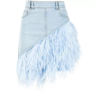 New arrival Custom high waist light blue ostrich feather trimmed denim skirt with feathers