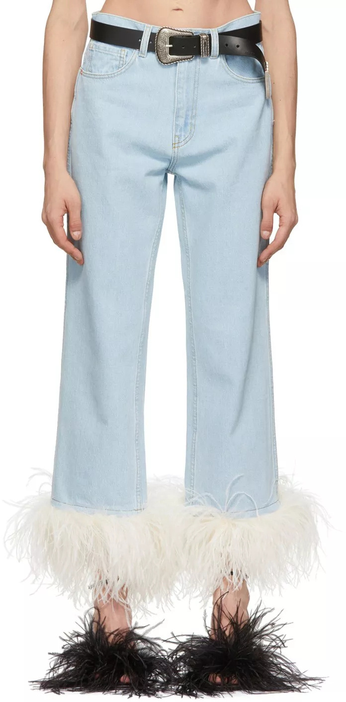 Fashion Women Blue Zipper Five-pocket Styling Denim Pants Detachable Ostrich Feather Cropped Jeans with feathers