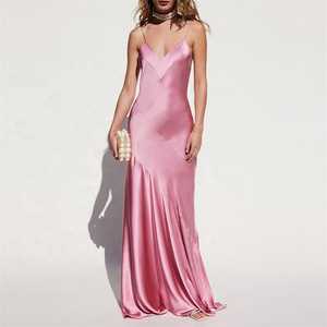 Fashion Women Slip Silk Pink Dress Spaghetti Straps Bodycon Silhouette with flared hem Floor-length gown satin silk maxi dress