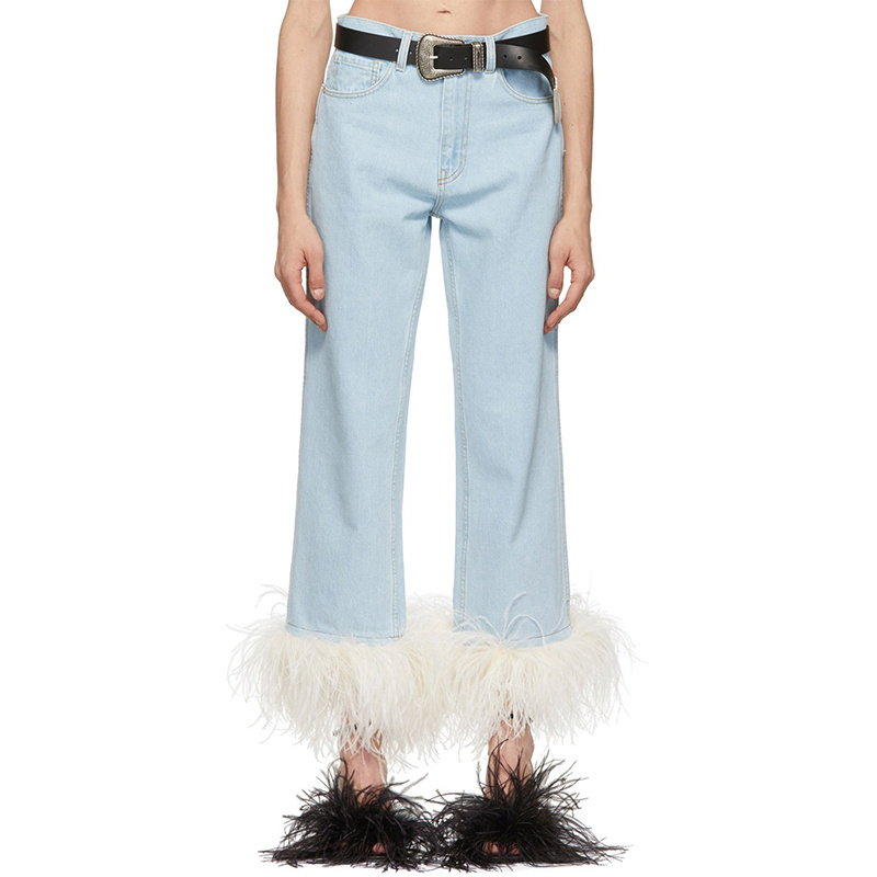 Fashion Women Blue Zipper Five-pocket Styling Denim Pants Detachable Ostrich Feather Cropped Jeans with feathers