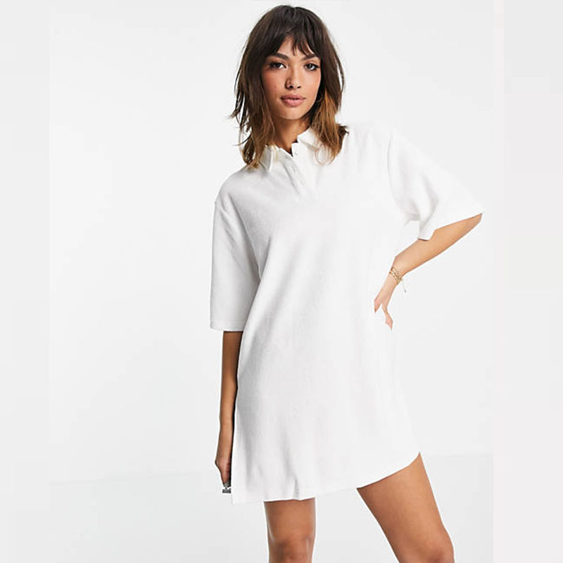 Hot Selling Woman Beach Wear Casual Summer Terry  Toweling Blank White Button Down T shirt Beach dress for Women