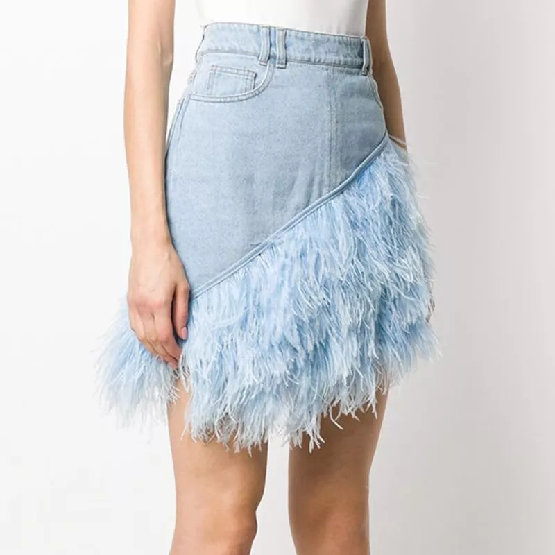 New arrival Custom high waist light blue ostrich feather trimmed denim skirt with feathers