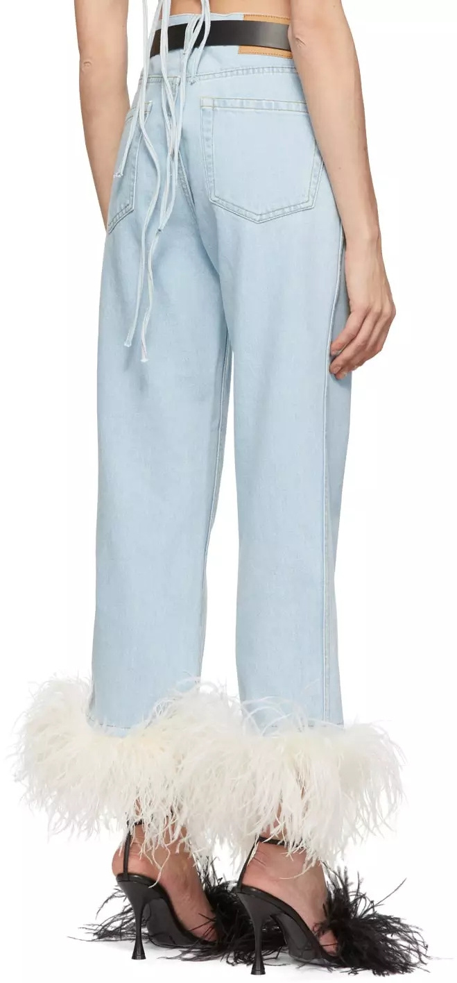 Fashion Women Blue Zipper Five-pocket Styling Denim Pants Detachable Ostrich Feather Cropped Jeans with feathers