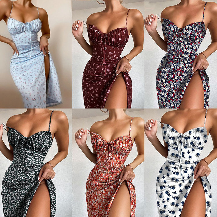 Casual Beach Sundress Women's Slip Dress Summer Vintage Backless Woman Dress Midi Dress Sleep Sexy Strap Sling Slit Floral