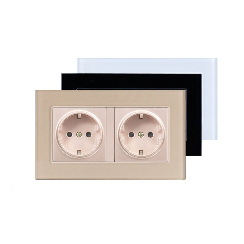 EU Electrical Wall Socket 16A German Socket Tempered Glass Panel Double EU Socket German Plug