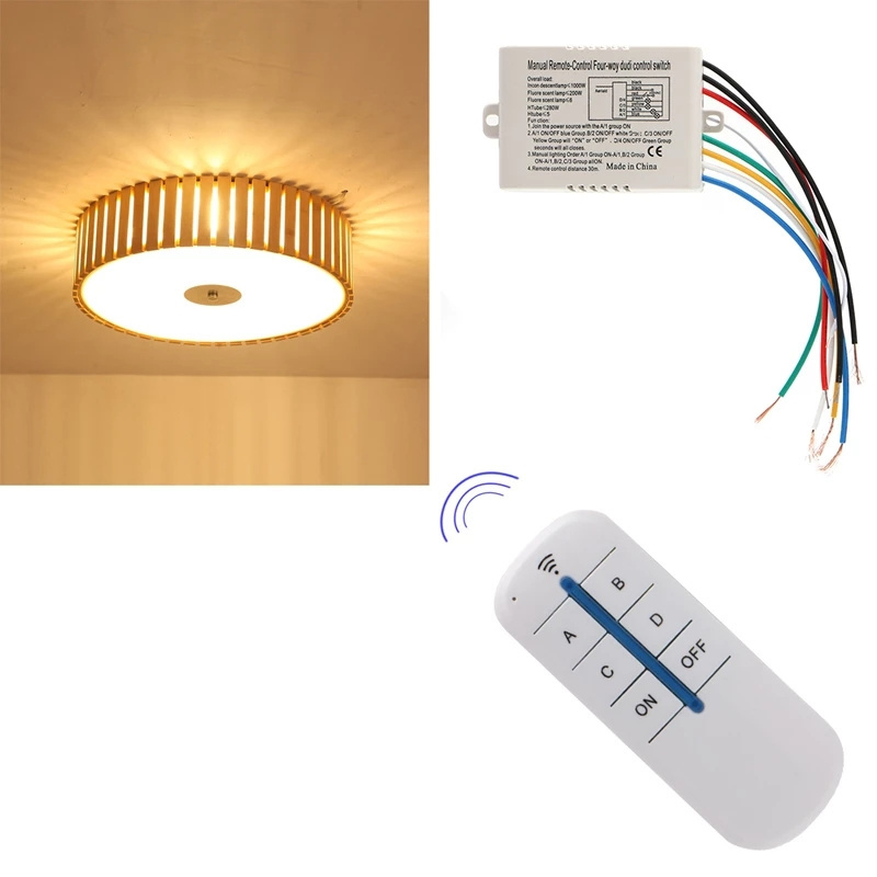 4 Channel Wireless ON/OFF Lamp Remote Control Switch Receiver Transmitter New Stable Signal Receiving, 8 Wires To Hook Up