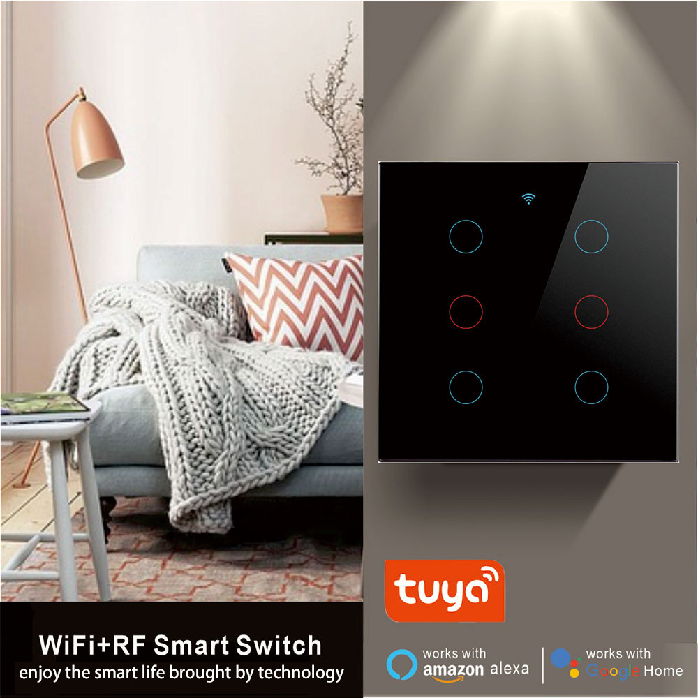 Tuya 6 Gangs Smart Wall Light Switch 4x4 No Neutral Wire Required Touch Switches Alexa Google Home