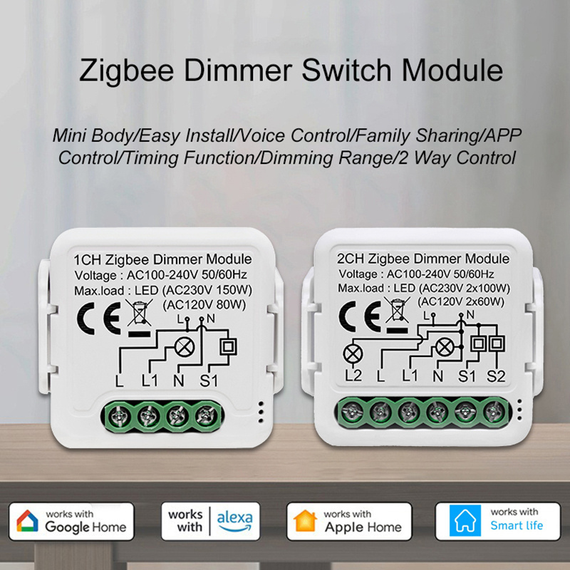 Tuya ZigBee WiFi Smart Dimmers Switch Module Supports 2 Way Control LED Lights Dimmable Switch Works with Alexa Google Home