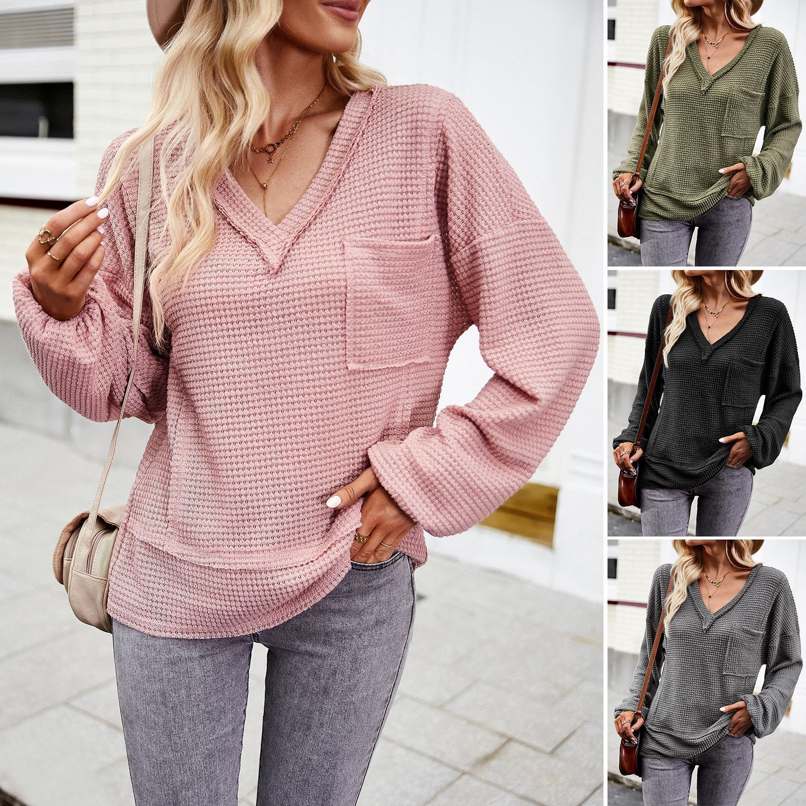 Women's solid color pullover knitted crochet V-neck long sleeved top casual loose soft sweater