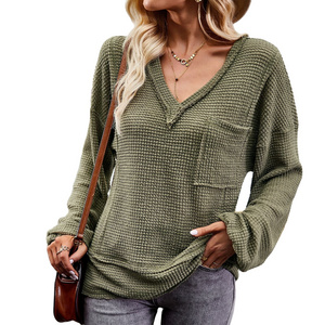 Women's solid color pullover knitted crochet V-neck long sleeved top casual loose soft sweater