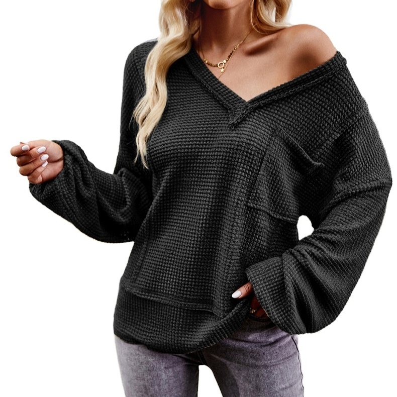 Women's solid color pullover knitted crochet V-neck long sleeved top casual loose soft sweater