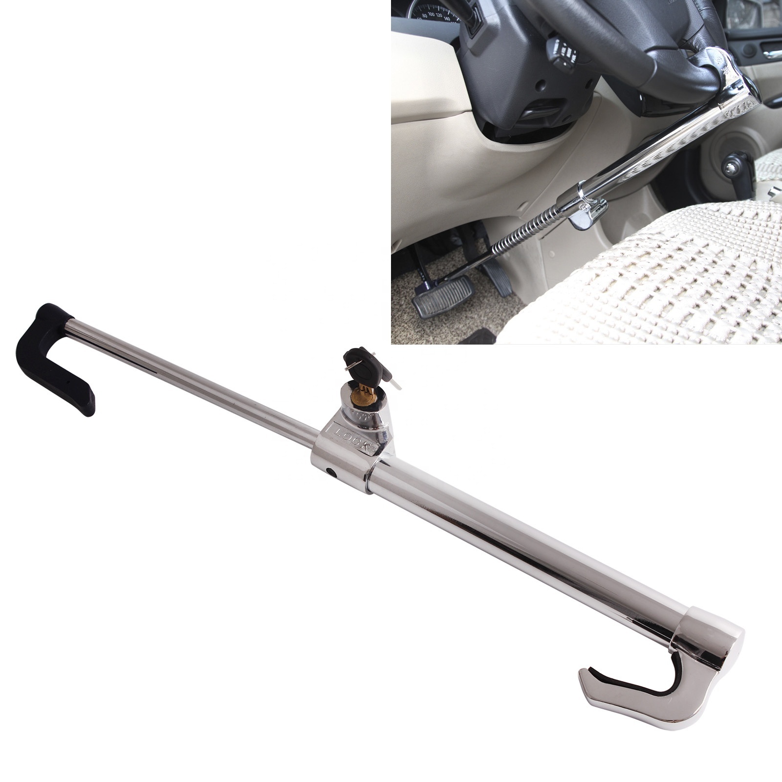 C- Brake Pedal to Steering Wheel Lock, Anti-Theft Retractable Double Hook Car Clutch Pedal Lock with 3 Keys