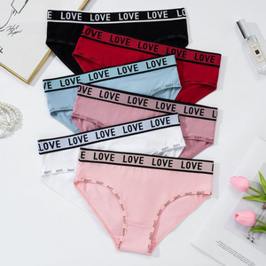 cheap bulk stock ladies 95% cotton underwear logo waistband plain panties white pink color girls briefs