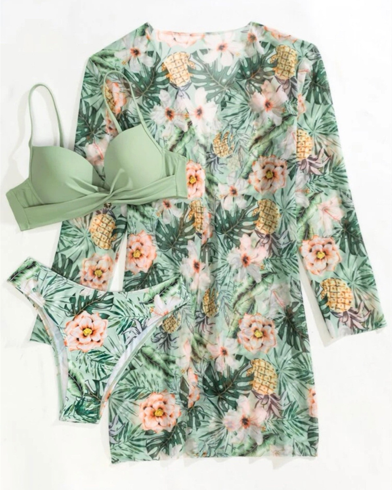 Floral Print Bikini Set Women Low Waist Twist Swimsuit Long Sleeve Cover Up Three Pieces Summer Beach Bathing Suit Swimwear