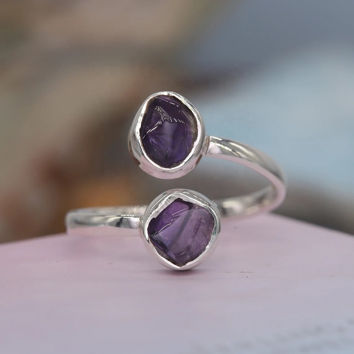 Wholesale Amethyst Artisanal Adjustable silver ring -925 Solid silver Double Stone Gemstone Ring -Handmade  Birthstone  Ring