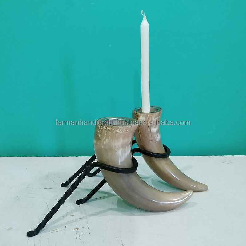 Hot Selling Best Quality of Viking Ox Horn tealight candle holder set with metal stand ( set of 2 pcs )