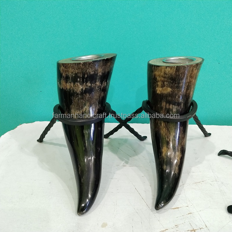 Hot Selling Best Quality of Viking Ox Horn tealight candle holder set with metal stand ( set of 2 pcs )