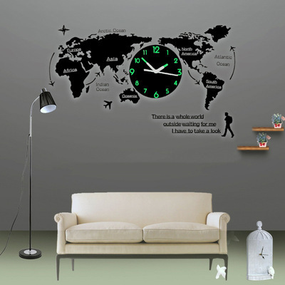 24 inch diy acrylic sticker 3d digital luminous wall clock world map for home decor kids gift