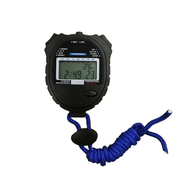 Professional 10 lap memory colorful backlight digital sport stopwatch with temperature lcd display FW9043