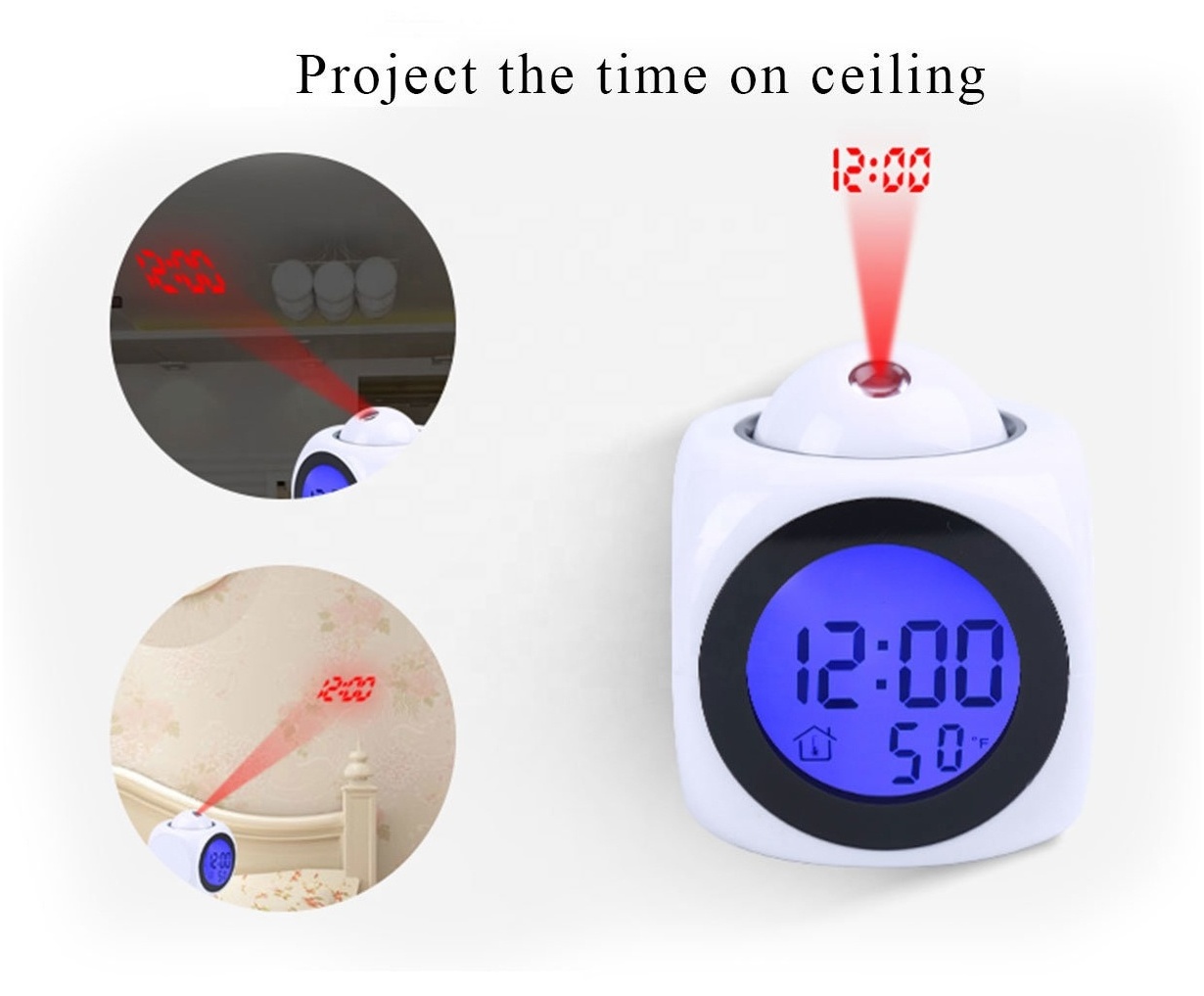 OEM Small Mini Cube Digital Talking Time Wall Ceiling LED Light Projection Alarm Clock with LED Blue Backlight