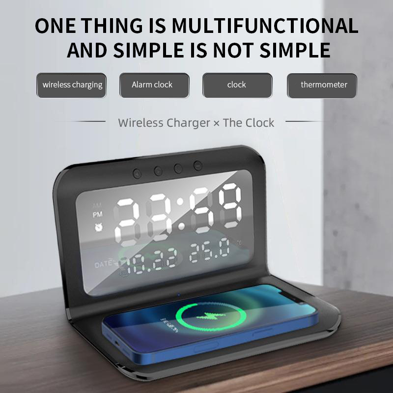 Best Selling Desktop Temperature Calendar Charging Dock Smart Digital Alarm clock Wireless Charger For mobile