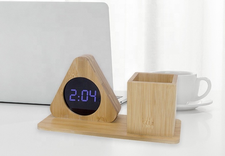 Multi-function Table Desk Wooden LED Digital Alarm Clock with Pen Holder