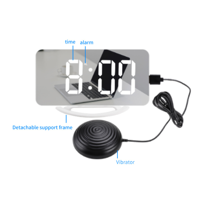 White Usb Charging Electronic Clock led Alarm Bed Shaker Digital Mirror Clock