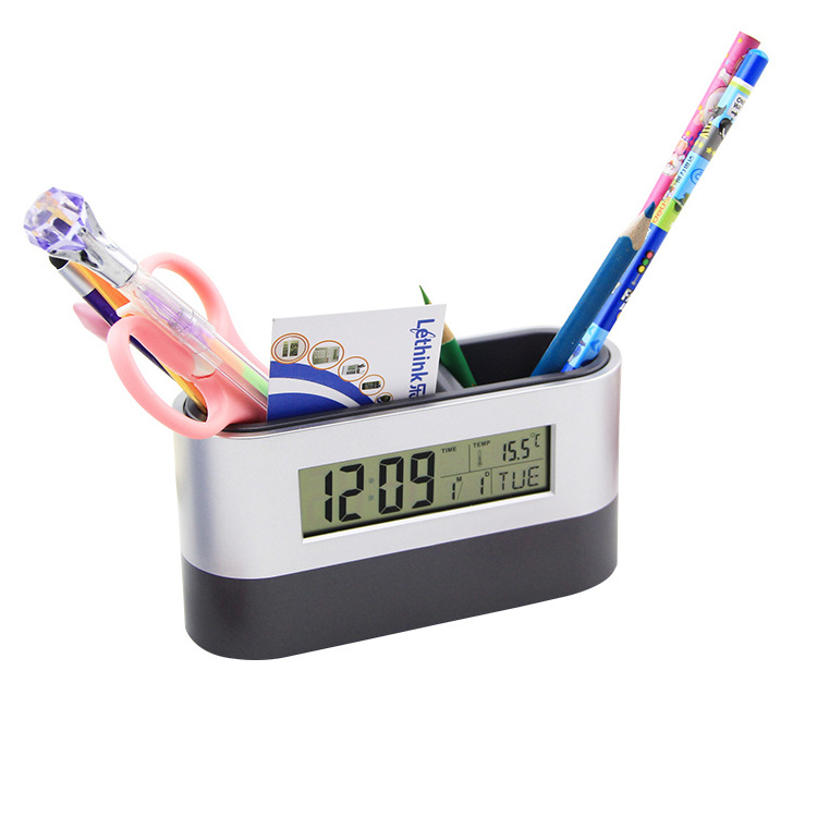 Hot selling plastic time pen holder with digital alarm clock calendar temperature