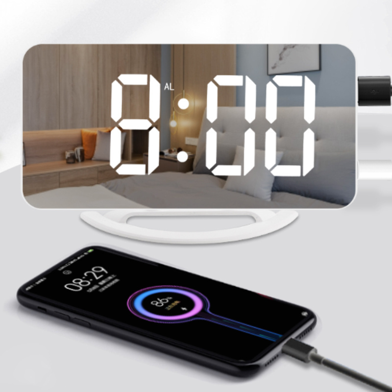 White Usb Charging Electronic Clock led Alarm Bed Shaker Digital Mirror Clock