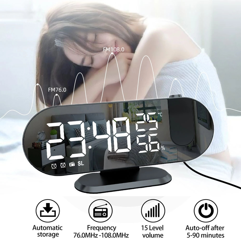 New cross-border creative large screen LED digital alarm clock temperature and humidity radio noctilucent home projection clock