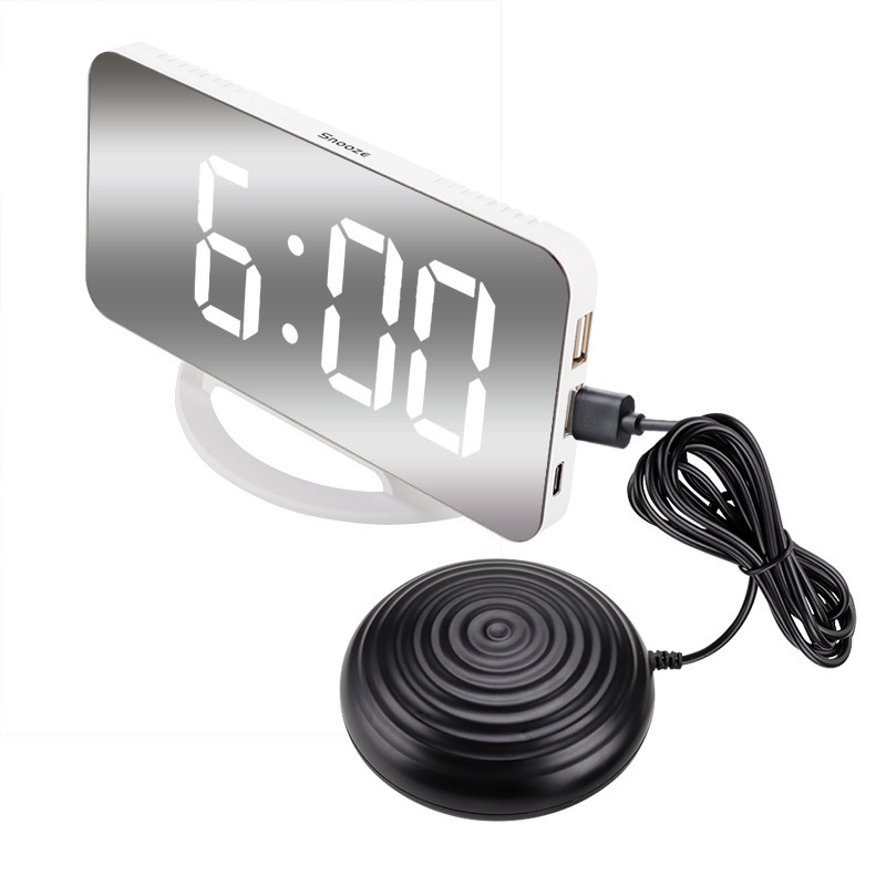 White Usb Charging Electronic Clock led Alarm Bed Shaker Digital Mirror Clock