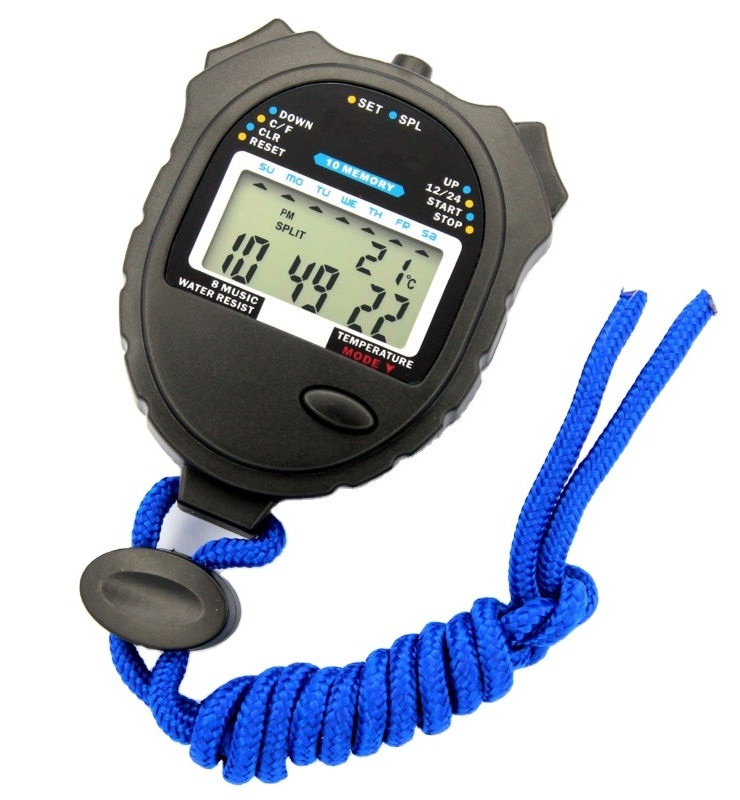 Professional 10 lap memory colorful backlight digital sport stopwatch with temperature lcd display FW9043