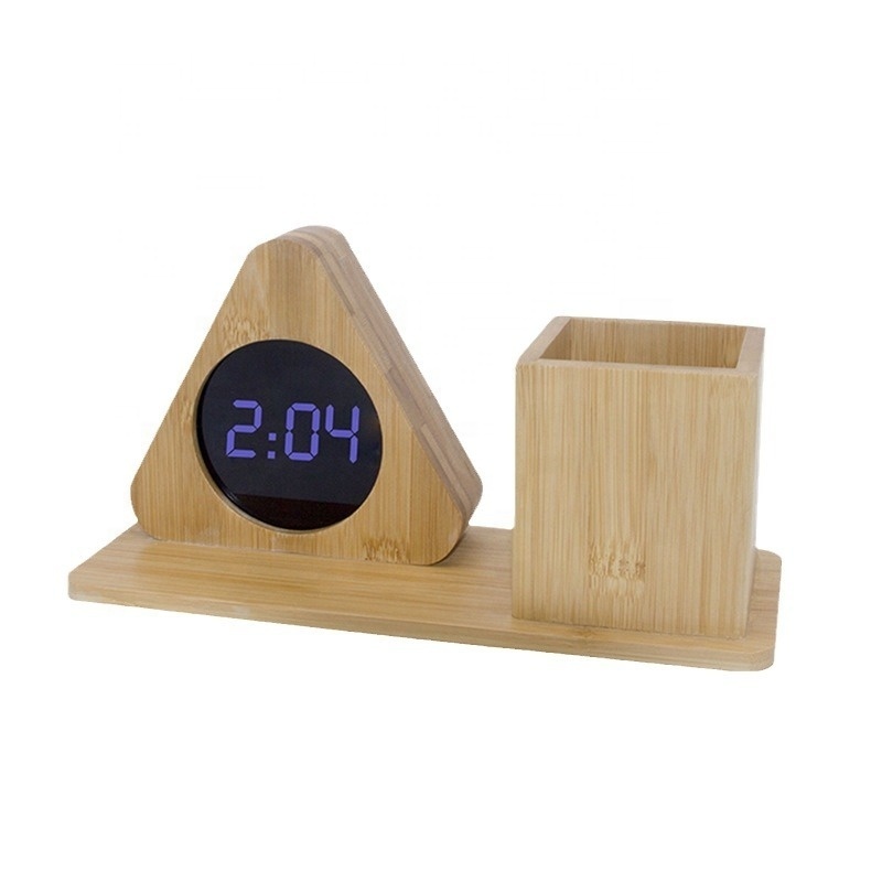 Multi-function Table Desk Wooden LED Digital Alarm Clock with Pen Holder