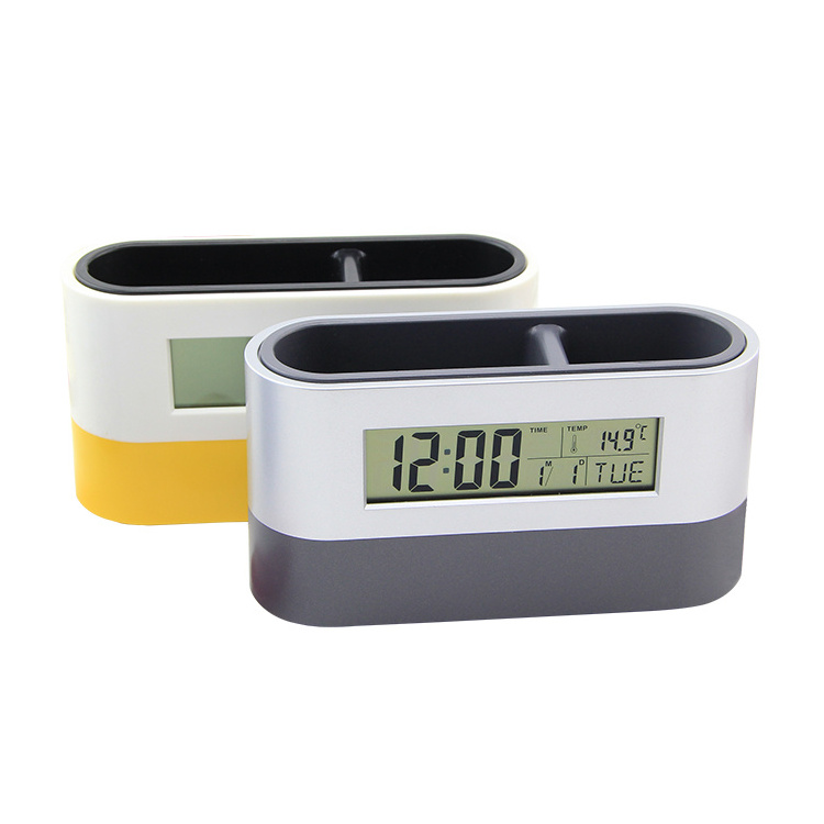 Hot selling plastic time pen holder with digital alarm clock calendar temperature