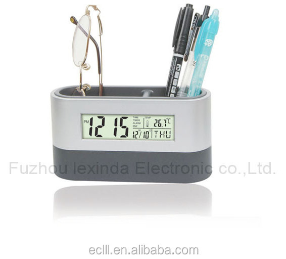 Hot selling plastic time pen holder with digital alarm clock calendar temperature