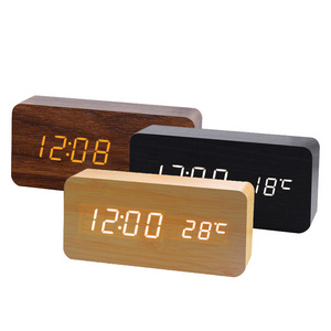 Travel Art Kids Digital Watch Wood Rectangle Led Table Alarm Clock Sound Control with Calculator